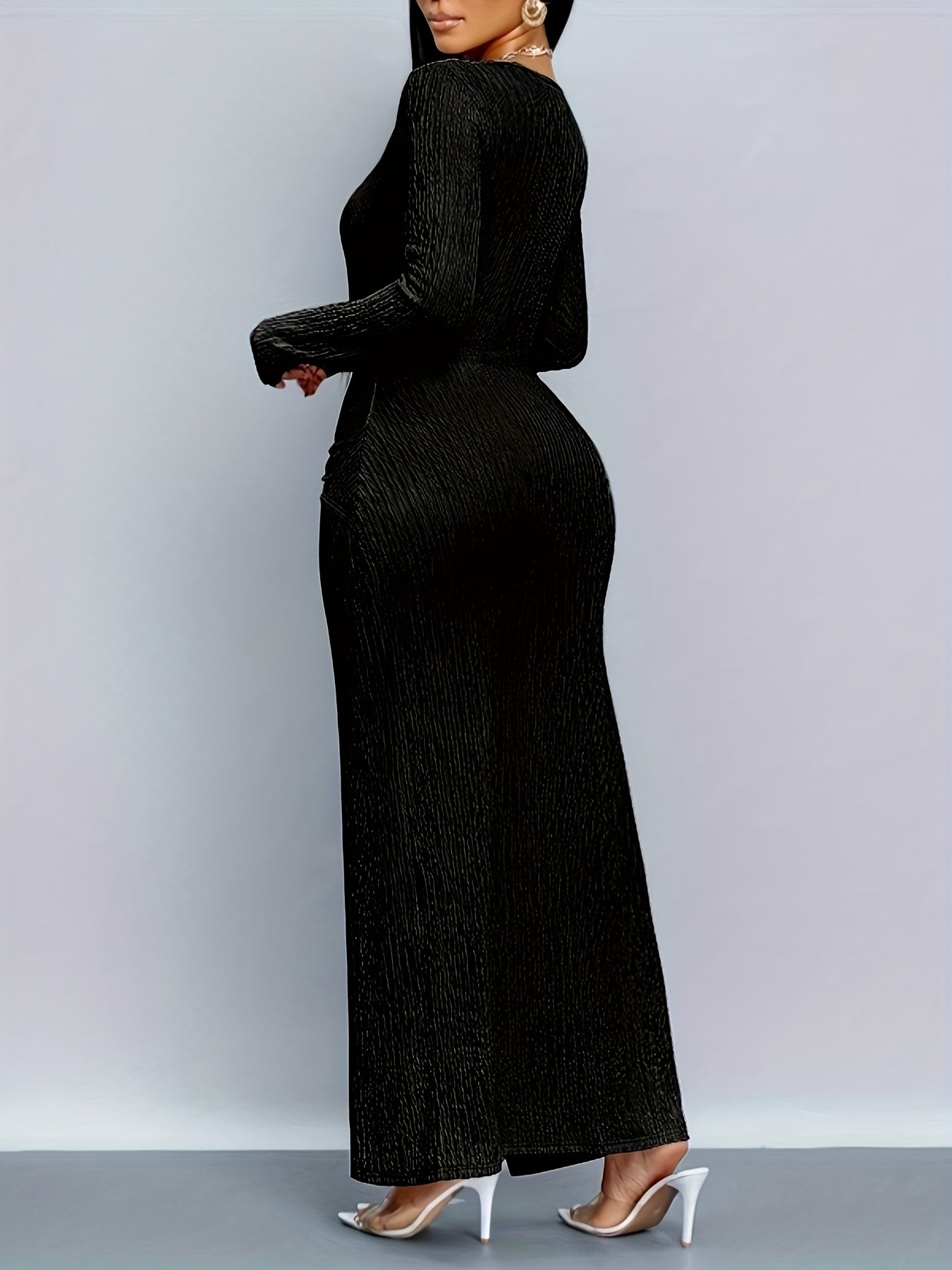 Women's Elegant Black Textured -Line Maxi Dress - Long Sleeve Belted Waist Slit Cocktail Wedding & Evening Gown, Fitted Party Dress with Round Neck, Hand Washable Fall Winter Formal ttire, Dresses For Women, Dresses For Women