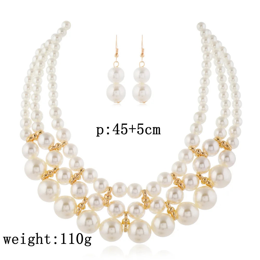 Bridal Wedding Jewelry Set New Fashion Multi layer Handmade Imitation Pearl Necklace and Earrings Women's Party Accessories
