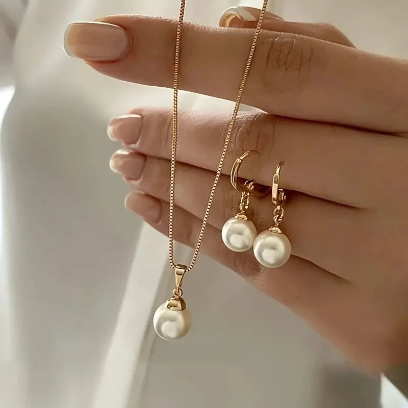 Fashion Elegant Pearl Pendant Jewelry Set for Women Vintage Gold Color