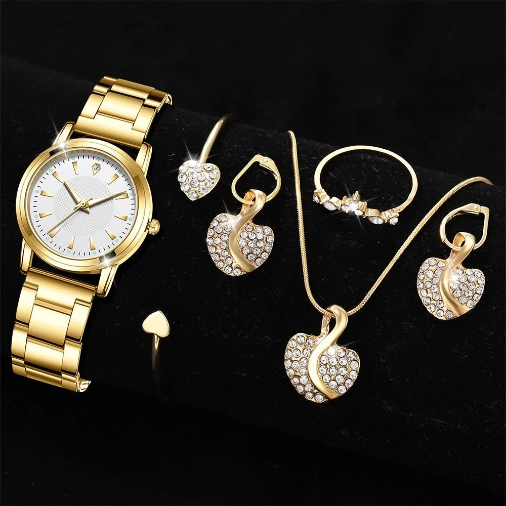 Women's Quartz Watch Gold Luxury Women Ring Necklace Earring Rhinestone Fashion Wristwatch Casual