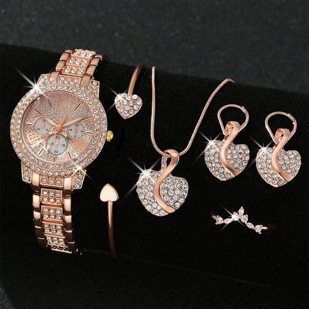 Women's Quartz Watch Gold Luxury Women Ring Necklace Earring Rhinestone Fashion Wristwatch Casual