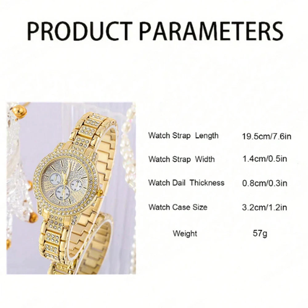 Women's Quartz Watch Gold Luxury Women Ring Necklace Earring Rhinestone Fashion Wristwatch Casual