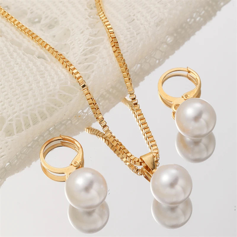 Fashion Elegant Pearl Pendant Jewelry Set for Women Vintage Gold Color