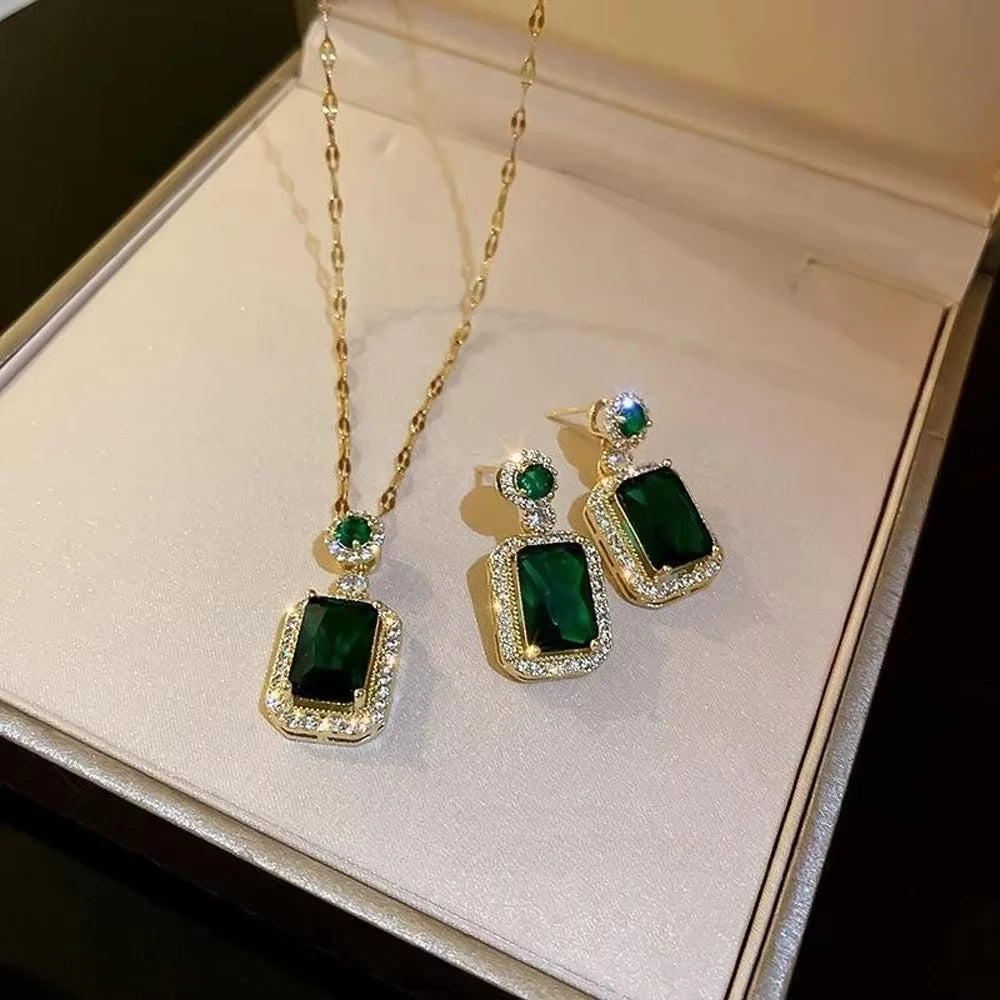 Classic Women's Three Piece Jewelry Set Statement: Jadeite Ring, Fashion Green Zircon Ring, Earrings, Necklace, Wedding Jewelry