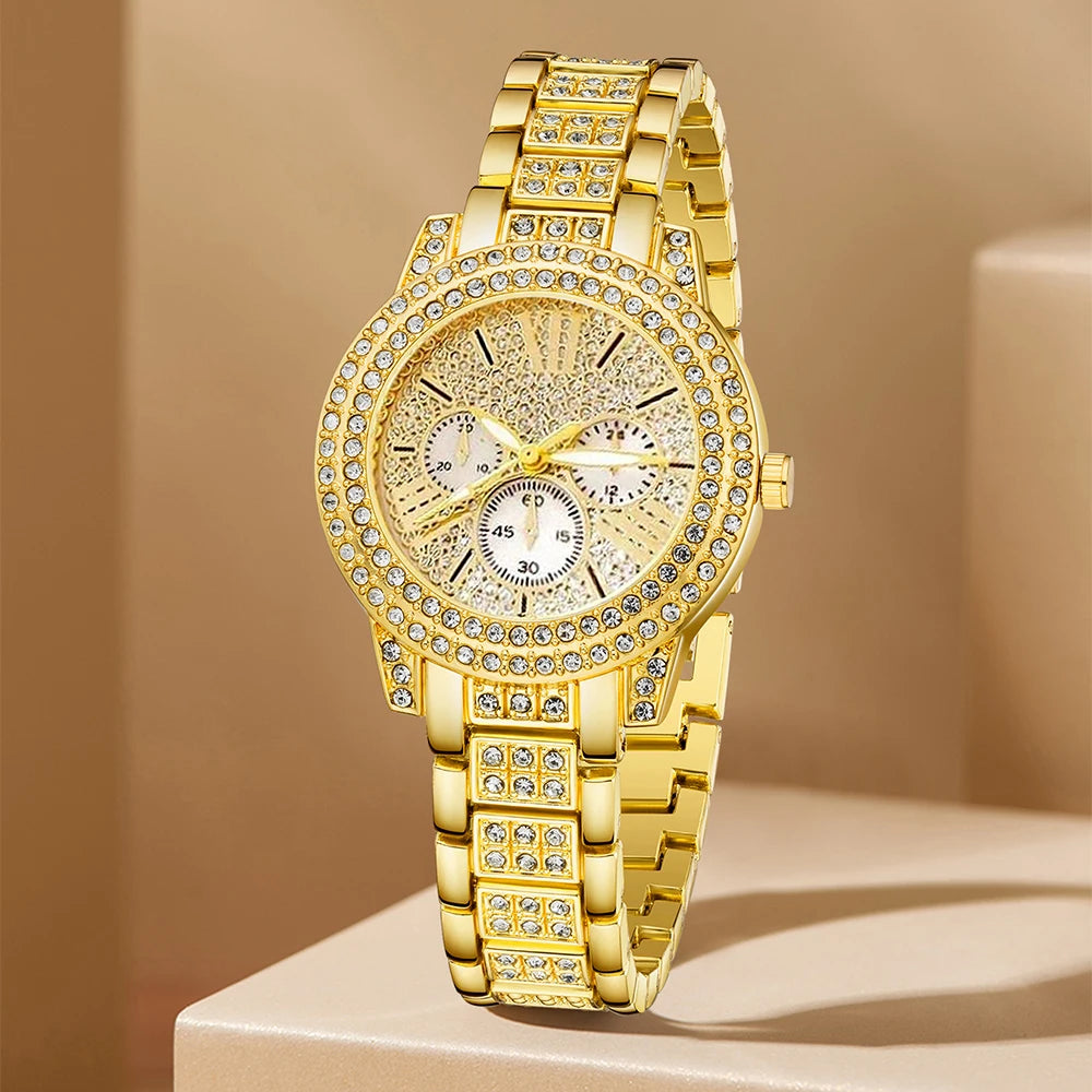 Women's Quartz Watch Gold Luxury Women Ring Necklace Earring Rhinestone Fashion Wristwatch Casual