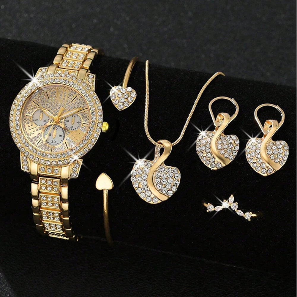 Women's Quartz Watch Gold Luxury Women Ring Necklace Earring Rhinestone Fashion Wristwatch Casual