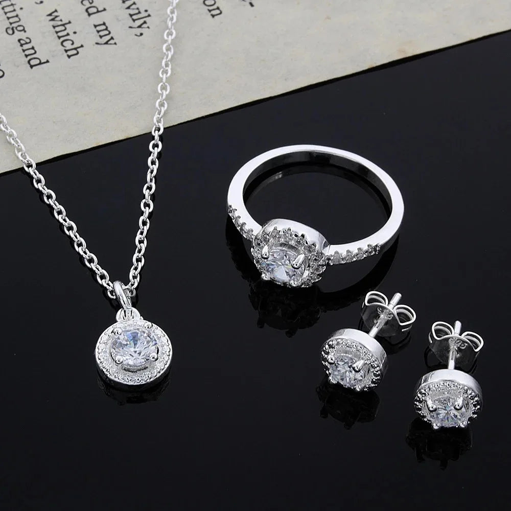 Zircon Crystal Silver Jewelry Necklace Ring Earrings Set Three-Piece Set