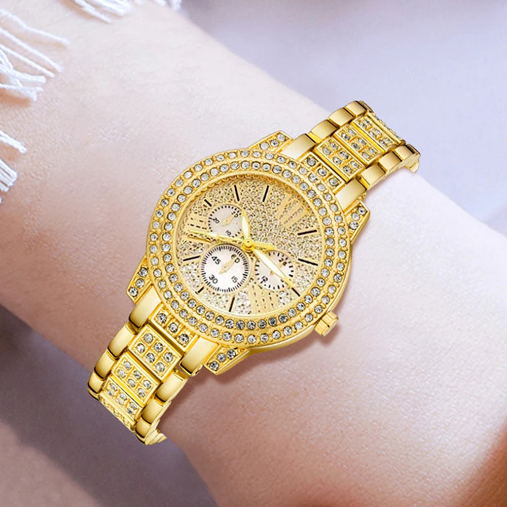 Women's Quartz Watch Gold Luxury Women Ring Necklace Earring Rhinestone Fashion Wristwatch Casual