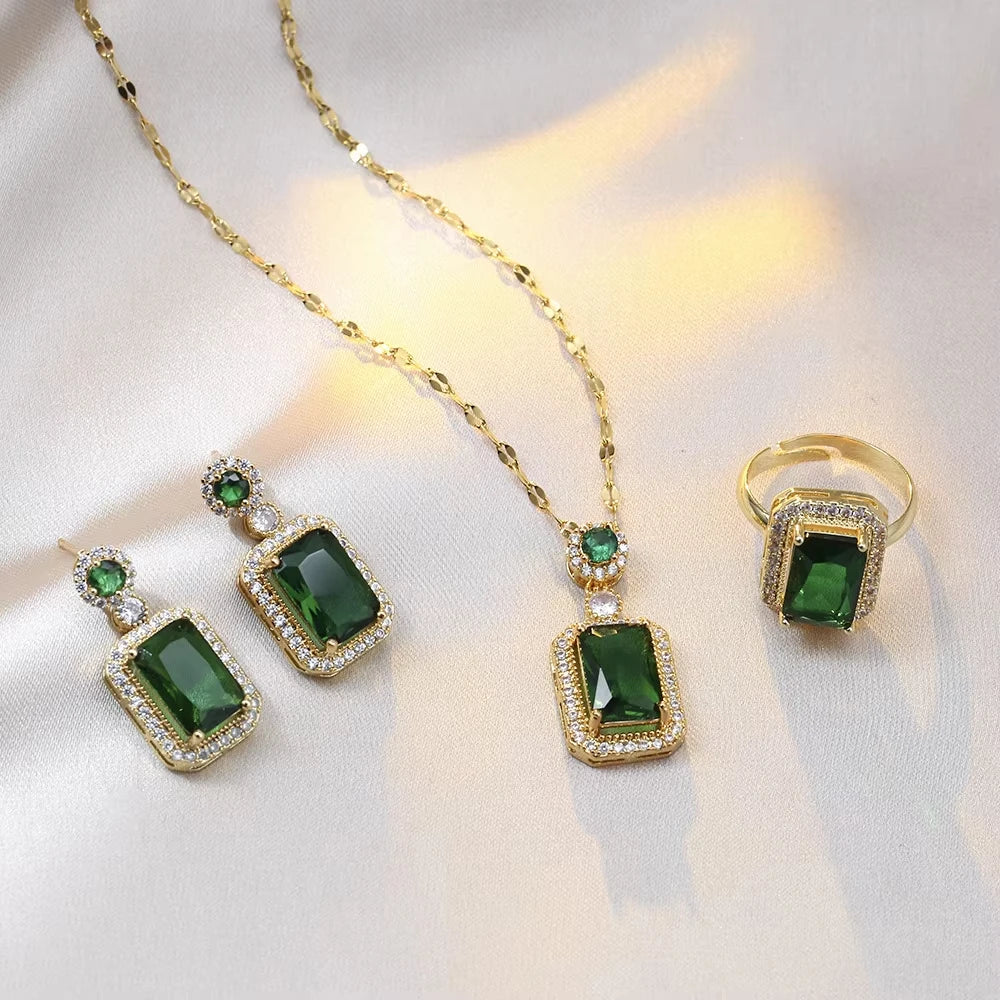 Classic Women's Three Piece Jewelry Set Statement: Jadeite Ring, Fashion Green Zircon Ring, Earrings, Necklace, Wedding Jewelry
