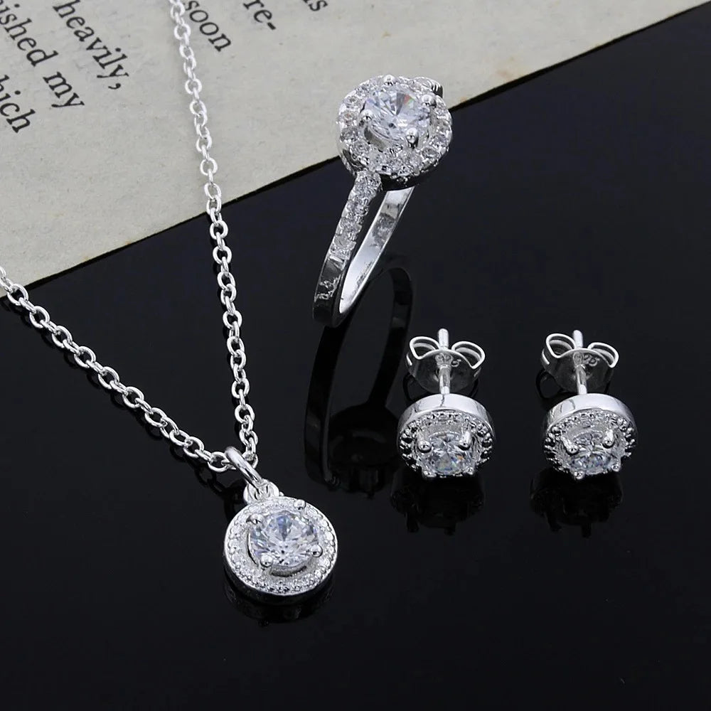 Zircon Crystal Silver Jewelry Necklace Ring Earrings Set Three-Piece Set